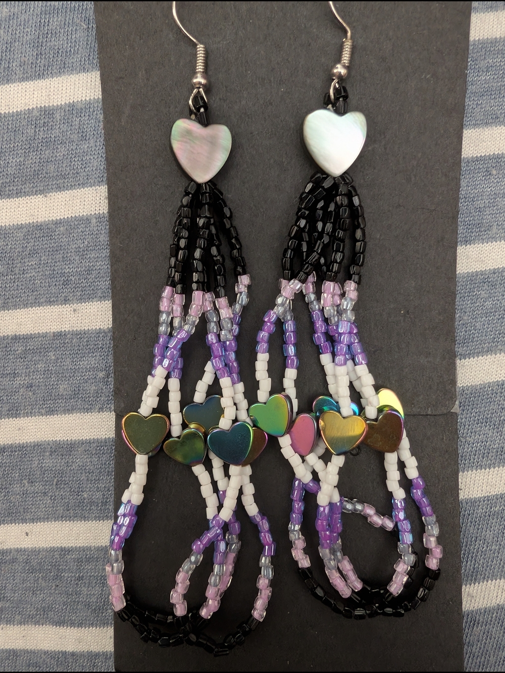 Handmade Native American Black & Purple Beaded Heart Dangle Earrings